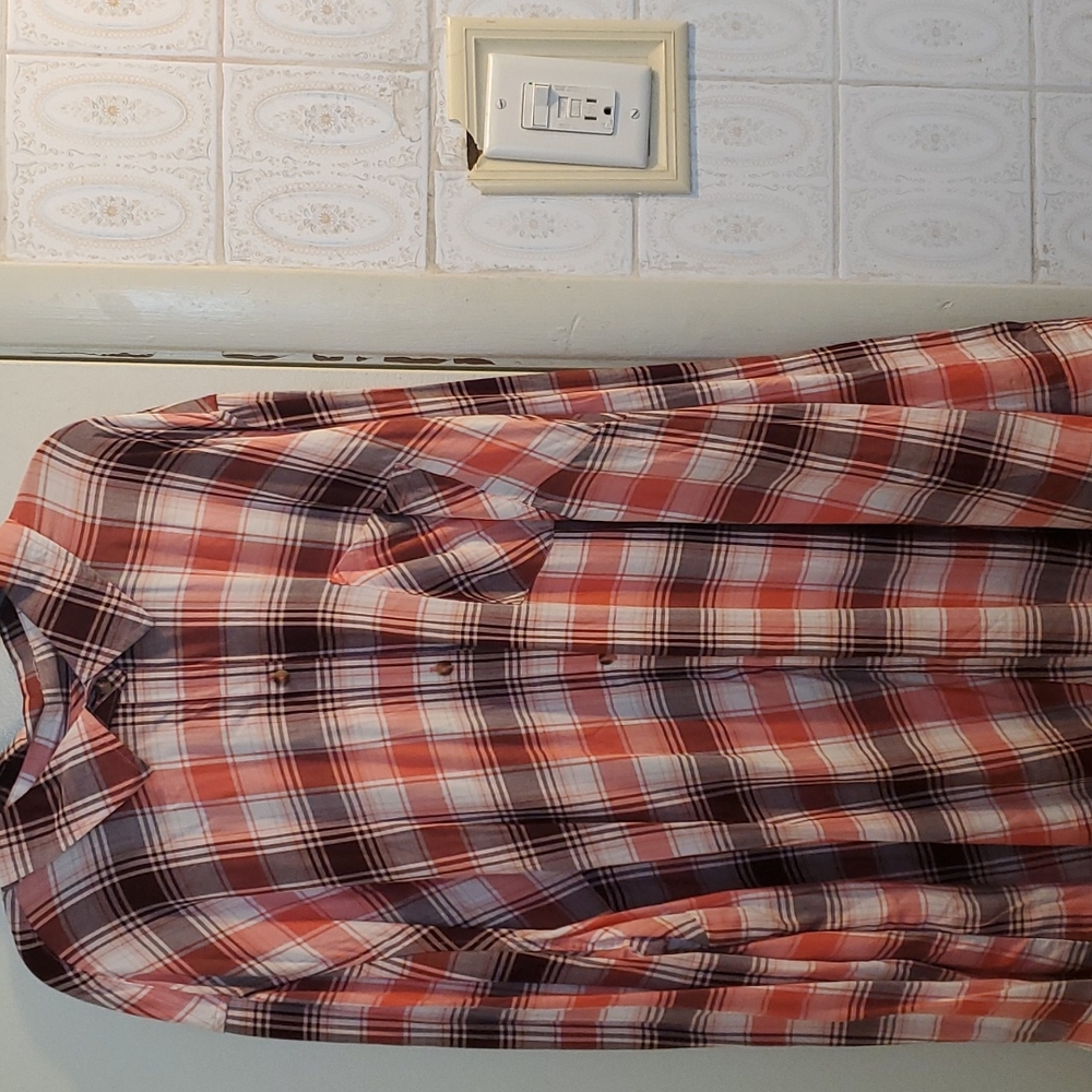 Coral and maroon plaid long sleeve shirt